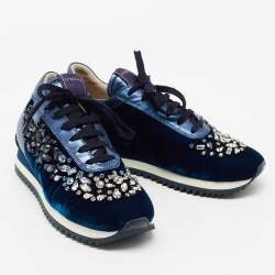 Pre Owned Le Silla Navy Blue Velvet and Leather Crystal Embellished Low Top Sneakers Size 38.5