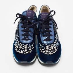 Pre Owned Le Silla Navy Blue Velvet and Leather Crystal Embellished Low Top Sneakers Size 38.5