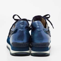 Pre Owned Le Silla Navy Blue Velvet and Leather Crystal Embellished Low Top Sneakers Size 38.5