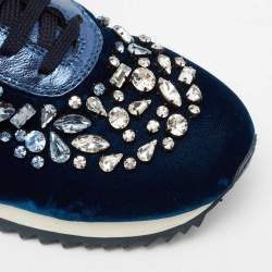 Pre Owned Le Silla Navy Blue Velvet and Leather Crystal Embellished Low Top Sneakers Size 38.5