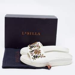 Pre Owned Le Silla White Woven Straw Crystal Embellished Flat Slide Sandals Size 38