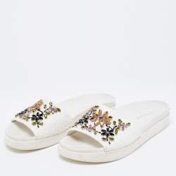 Pre Owned Le Silla White Woven Straw Crystal Embellished Flat Slide Sandals Size 38