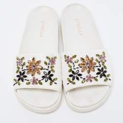 Pre Owned Le Silla White Woven Straw Crystal Embellished Flat Slide Sandals Size 38