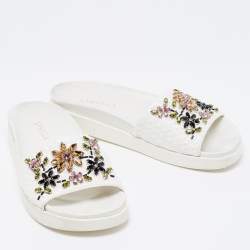 Pre Owned Le Silla White Woven Straw Crystal Embellished Flat Slide Sandals Size 38