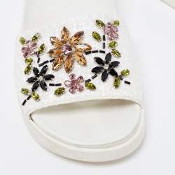 Pre Owned Le Silla White Woven Straw Crystal Embellished Flat Slide Sandals Size 38