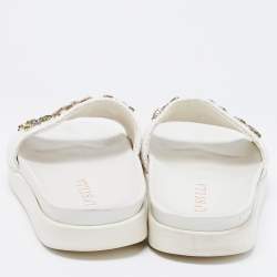 Pre Owned Le Silla White Woven Straw Crystal Embellished Flat Slide Sandals Size 38