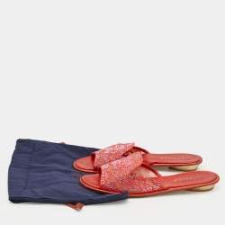 Pre Owned Le Silla Orange Lace Crystal Embellished Flat Slides Size 41