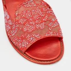 Pre Owned Le Silla Orange Lace Crystal Embellished Flat Slides Size 41