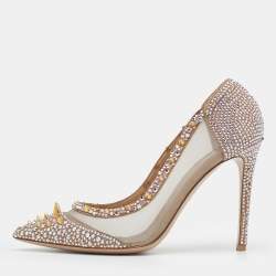 Pre Owned Le Silla Metallic Gold Mesh And Crystal Embellished Suede Pointed Toe Pumps Size 39