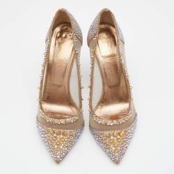 Pre Owned Le Silla Metallic Gold Mesh And Crystal Embellished Suede Pointed Toe Pumps Size 39