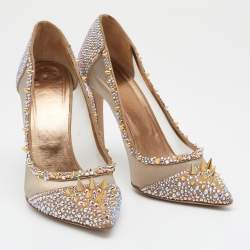 Pre Owned Le Silla Metallic Gold Mesh And Crystal Embellished Suede Pointed Toe Pumps Size 39