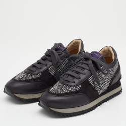 Pre Owned Le Silla Dark Grey Suede And Leather Crystal Embellished Low Top Sneakers Size 36