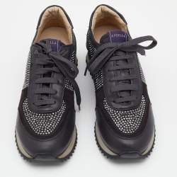 Pre Owned Le Silla Dark Grey Suede And Leather Crystal Embellished Low Top Sneakers Size 36