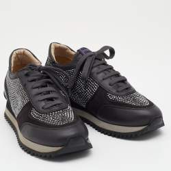 Pre Owned Le Silla Dark Grey Suede And Leather Crystal Embellished Low Top Sneakers Size 36