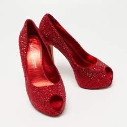 Le Silla Red Crystal Embellished Suede Peep Toe Platform Pumps Size 39