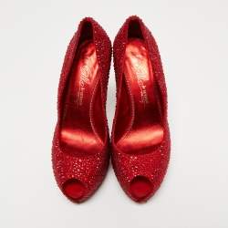 Le Silla Red Crystal Embellished Suede Peep Toe Platform Pumps Size 39