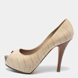 Le Silla Cream Croc Embossed Leather Peep Toe Pumps Size 36.5