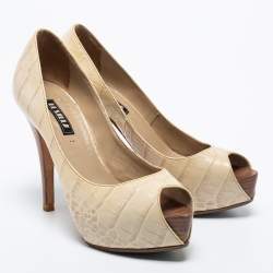 Le Silla Cream Croc Embossed Leather Peep Toe Pumps Size 36.5