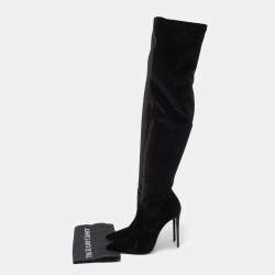 Pre Owned Le Silla Black Velvet Pointed Toe Knee Length Boots Size 38