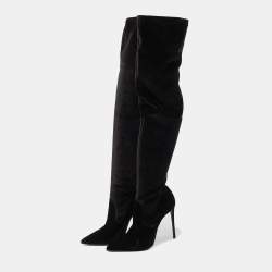 Pre Owned Le Silla Black Velvet Pointed Toe Knee Length Boots Size 38