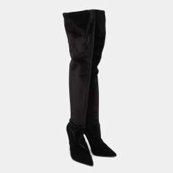 Pre Owned Le Silla Black Velvet Pointed Toe Knee Length Boots Size 38