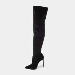 Pre Owned Le Silla Black Velvet Pointed Toe Knee Length Boots Size 38