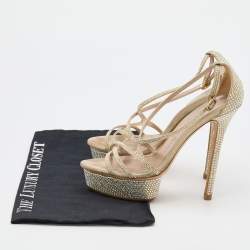 Le Silla Beige Suede Crystal Embellished Strappy Platform Sandals Size 37