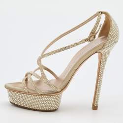 Le Silla Beige Suede Crystal Embellished Strappy Platform Sandals Size 37