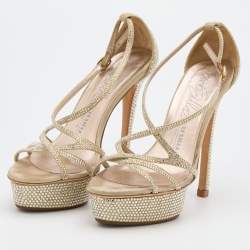 Le Silla Beige Suede Crystal Embellished Strappy Platform Sandals Size 37