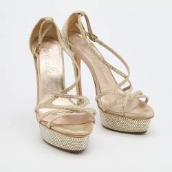Le Silla Beige Suede Crystal Embellished Strappy Platform Sandals Size 37