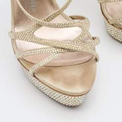 Le Silla Beige Suede Crystal Embellished Strappy Platform Sandals Size 37
