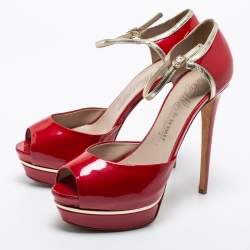 Le Silla Red Patent Leather Peep Toe Platform Ankle Strap Sandals Size 41