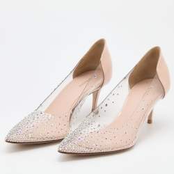 Pre Owned Le Silla Light Beige Patent Leather and PVC Crystal Embellished Pumps Size 37.5
