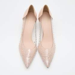 Pre Owned Le Silla Light Beige Patent Leather and PVC Crystal Embellished Pumps Size 37.5
