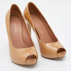 Le Silla Beige Patent Leather Gabry Peep Toe Pumps Size 38.5