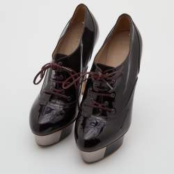 Le Silla Dark Brown Patent Leather Lace Up Oxford Platform Booties Size 38