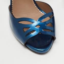 Pre Owned Le Silla Metallic Blue Leather Laser Cut Open Toe D'orsay Pumps Size 38.5