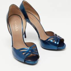 Pre Owned Le Silla Metallic Blue Leather Laser Cut Open Toe D'orsay Pumps Size 38.5