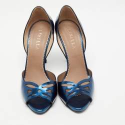 Pre Owned Le Silla Metallic Blue Leather Laser Cut Open Toe D'orsay Pumps Size 38.5