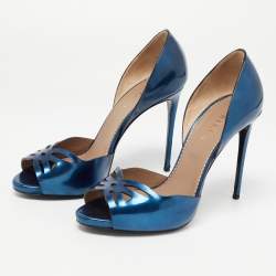 Pre Owned Le Silla Metallic Blue Leather Laser Cut Open Toe D'orsay Pumps Size 38.5