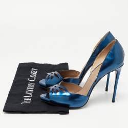 Pre Owned Le Silla Metallic Blue Leather Laser Cut Open Toe D'orsay Pumps Size 38.5