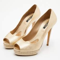 Le Silla Gold Leather Crystal Embellished Platform Peep Toe Pumps Size 38.5