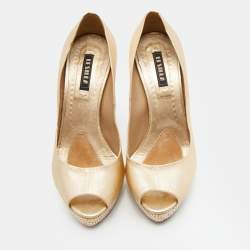 Le Silla Gold Leather Crystal Embellished Platform Peep Toe Pumps Size 38.5