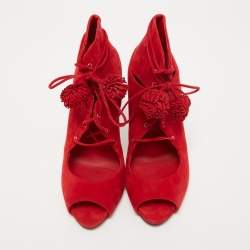 Le Silla Red Suede Lace Up Peep Toe Ankle Boots Size 40
