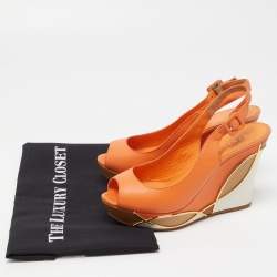 Pre Owned Le Silla Orange Leather Peep Toe Slingback Wedge Pumps Size 37