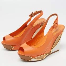 Pre Owned Le Silla Orange Leather Peep Toe Slingback Wedge Pumps Size 37