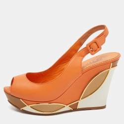 Pre Owned Le Silla Orange Leather Peep Toe Slingback Wedge Pumps Size 37