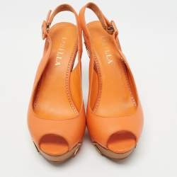 Pre Owned Le Silla Orange Leather Peep Toe Slingback Wedge Pumps Size 37