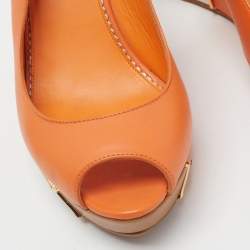 Pre Owned Le Silla Orange Leather Peep Toe Slingback Wedge Pumps Size 37