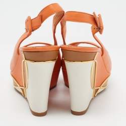 Pre Owned Le Silla Orange Leather Peep Toe Slingback Wedge Pumps Size 37